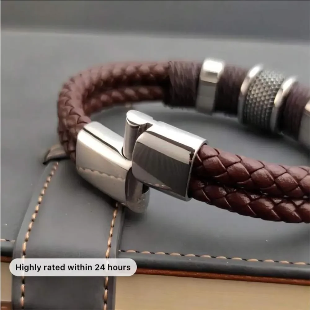 BROWN STAINLESS STEEL LEATHER BRACELET SILVER AND BROWN
